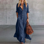 Vestido Maxi Casual de Camisa com Botões e Bolsos - | Benedita Lisboa