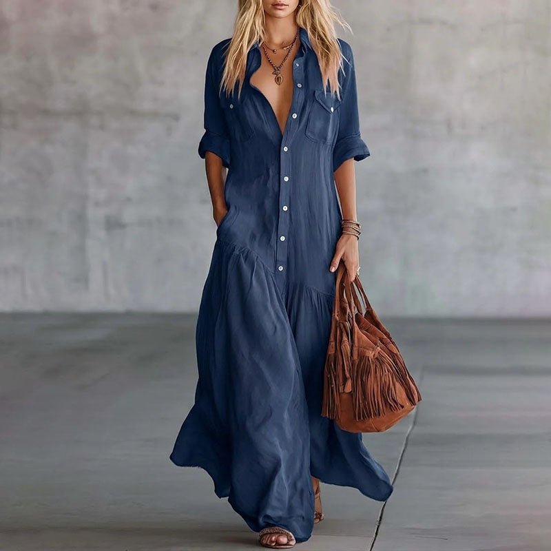 Vestido Maxi Casual de Camisa com Botões e Bolsos - | Benedita Lisboa