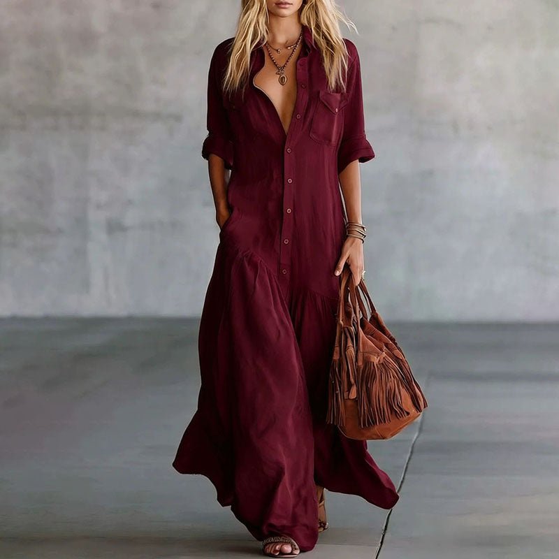 Vestido Maxi Casual de Camisa com Botões e Bolsos - | Benedita Lisboa