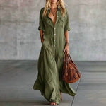 Vestido Maxi Casual de Camisa com Botões e Bolsos - | Benedita Lisboa