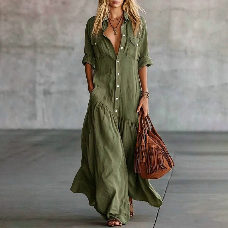Vestido Maxi Casual de Camisa com Botões e Bolsos - | Benedita Lisboa